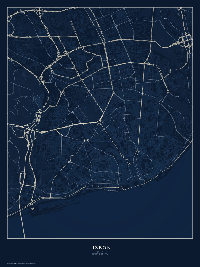 Lisbon map poster, midnight style