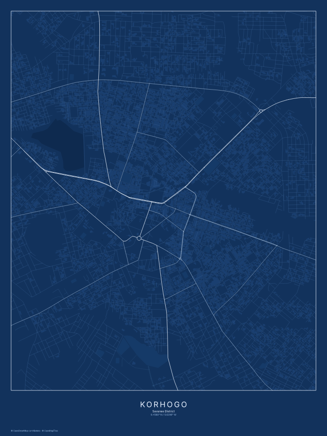 Korhogo map poster, blueprint style