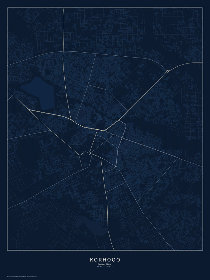 Korhogo map poster, midnight style