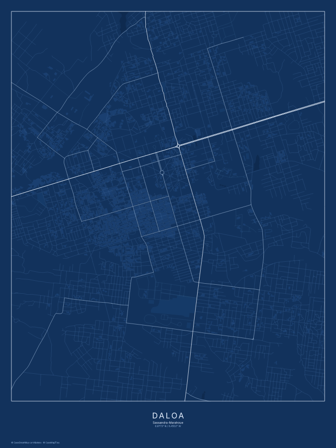 Daloa map poster, blueprint style