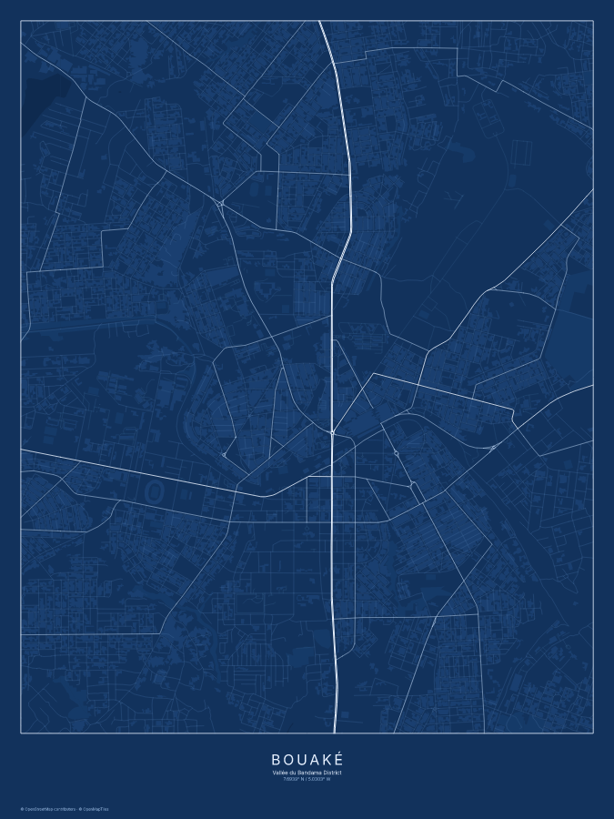 Bouaké map poster, blueprint style