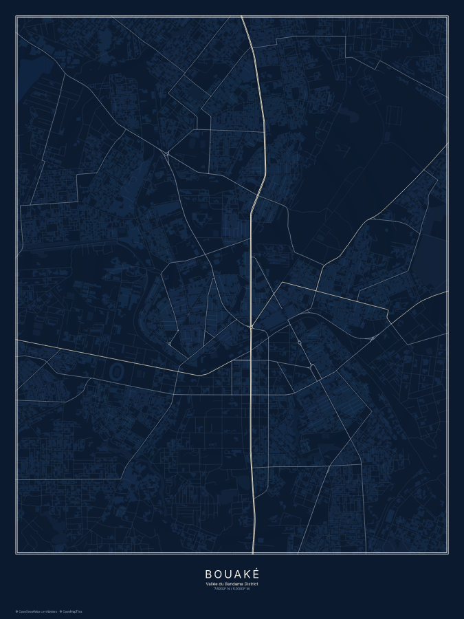 Bouaké map poster, midnight style