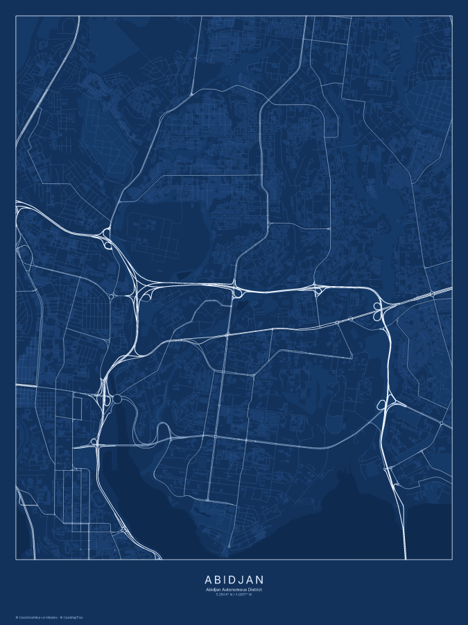 Abidjan map poster, blueprint style