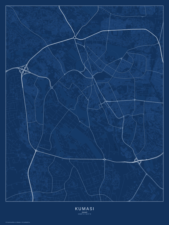 Kumasi map poster, blueprint style