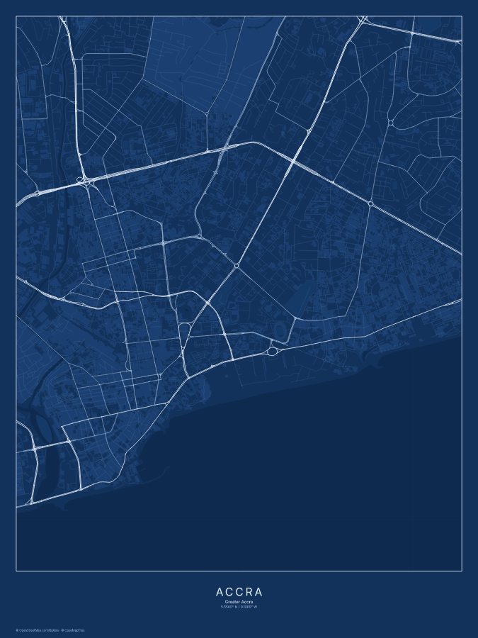 Accra map poster, blueprint style
