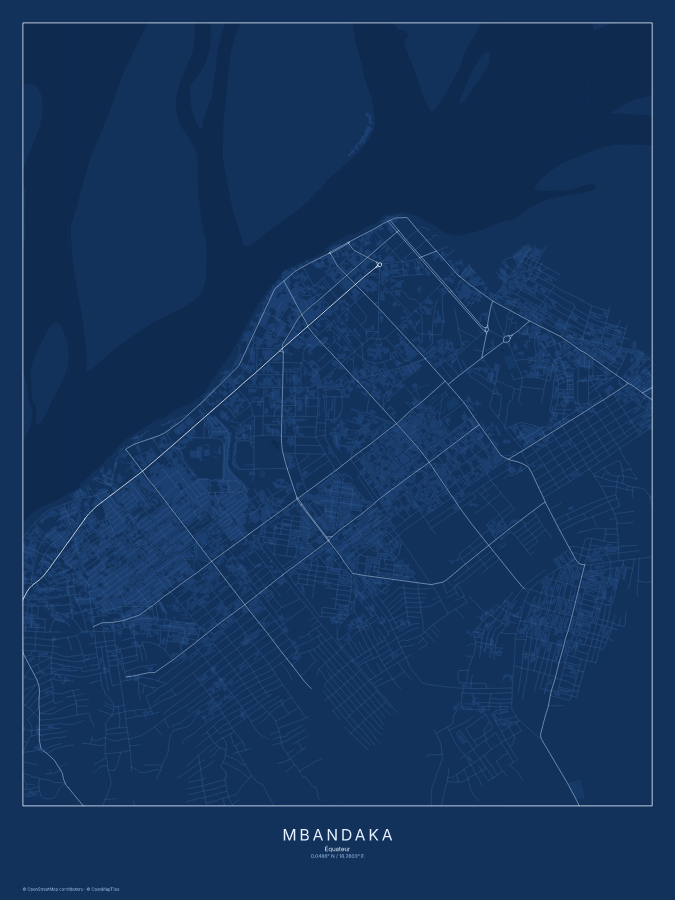 Mbandaka map poster, blueprint style