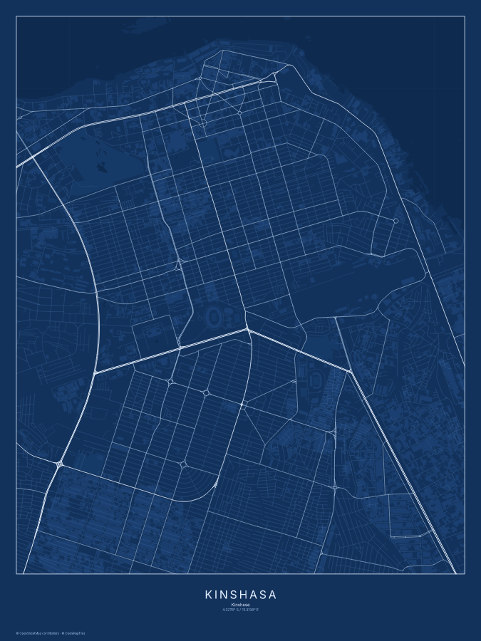 Kinshasa map poster, blueprint style
