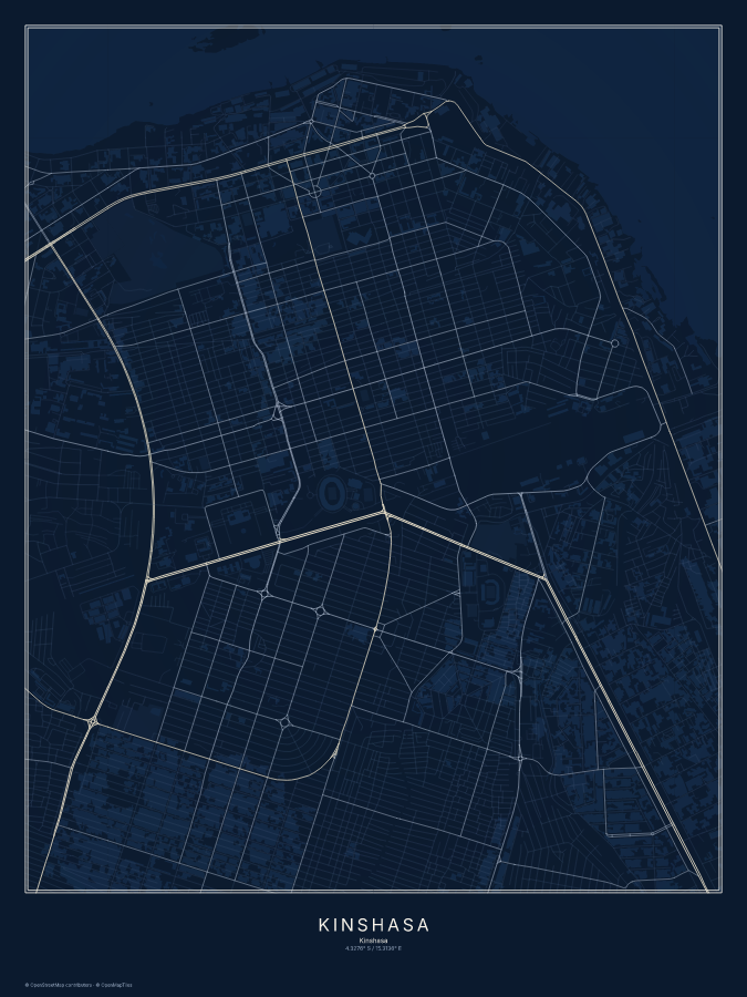 Kinshasa map poster, midnight style