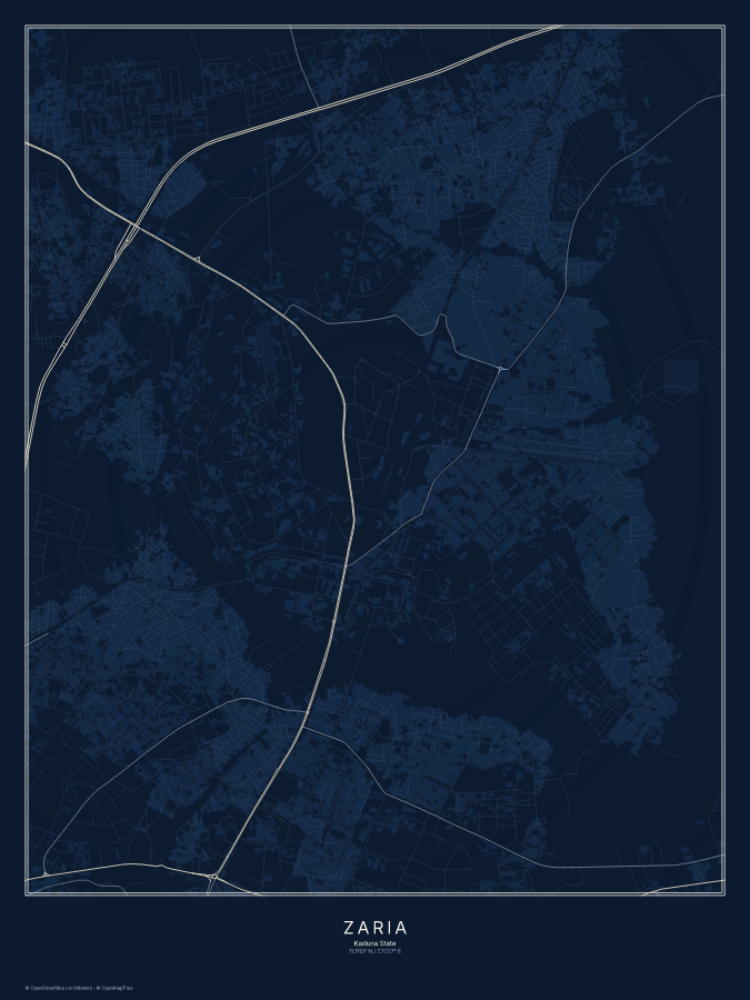 Zaria map poster, midnight style