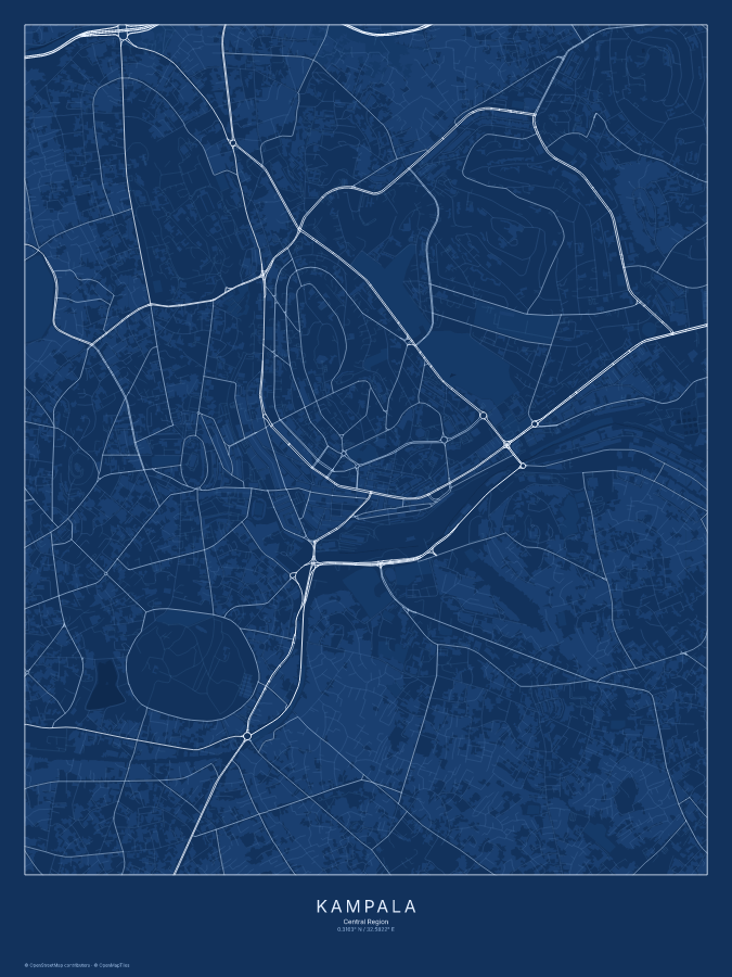 Kampala map poster, blueprint style