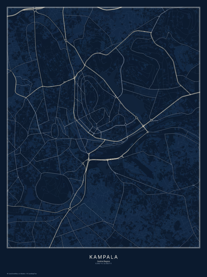 Kampala map poster, midnight style