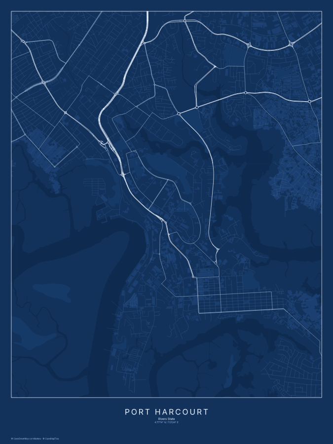 Port Harcourt map poster, blueprint style