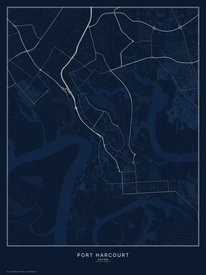 Port Harcourt map poster, midnight style