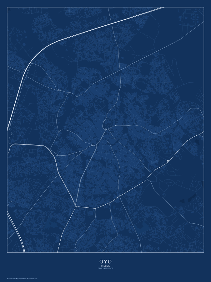 Oyo map poster, blueprint style