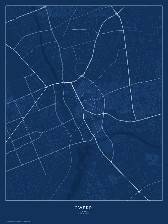 Owerri map poster, blueprint style