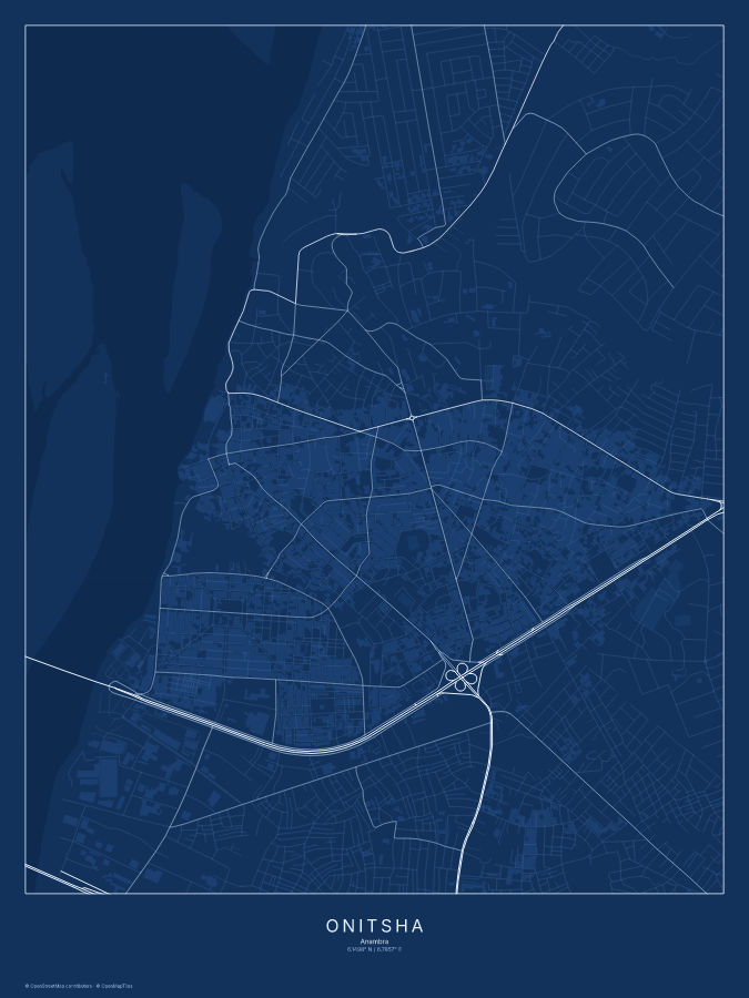 Onitsha map poster, blueprint style