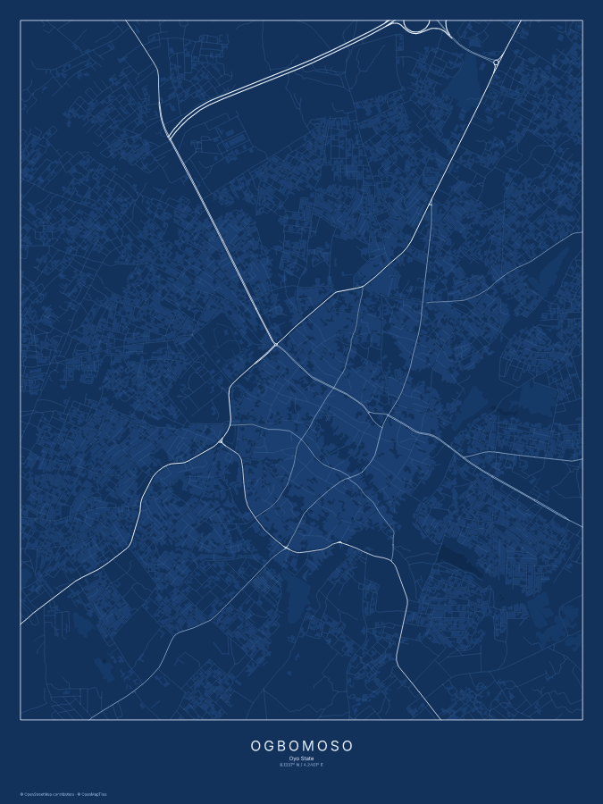 Ogbomoso map poster, blueprint style