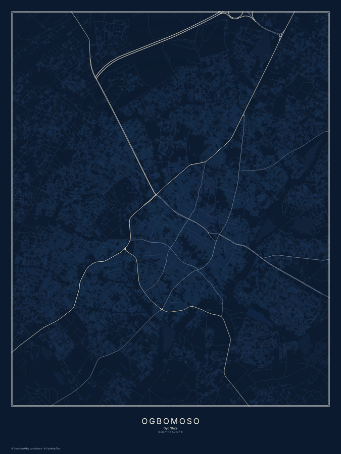 Ogbomoso map poster, midnight style
