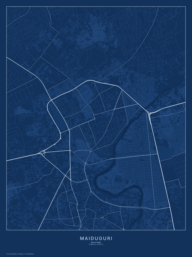 Maiduguri map poster, blueprint style
