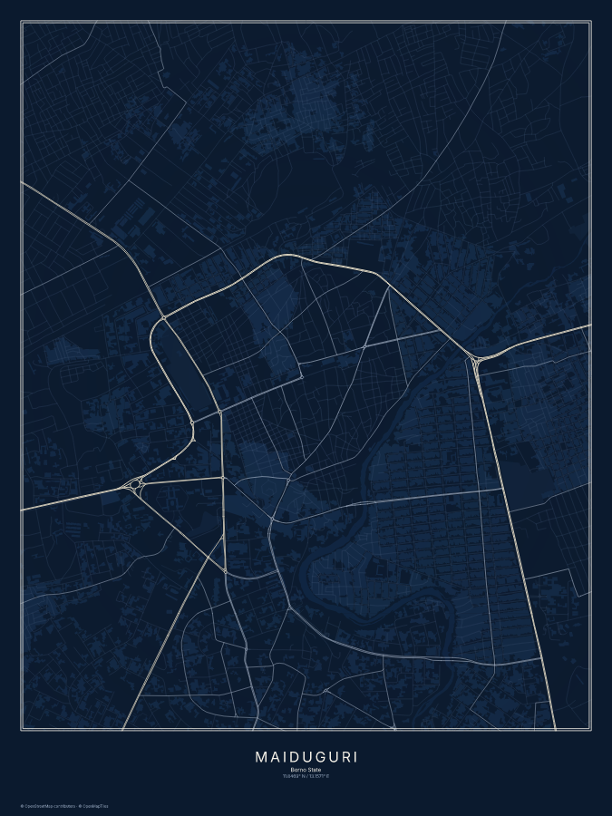 Maiduguri map poster, midnight style