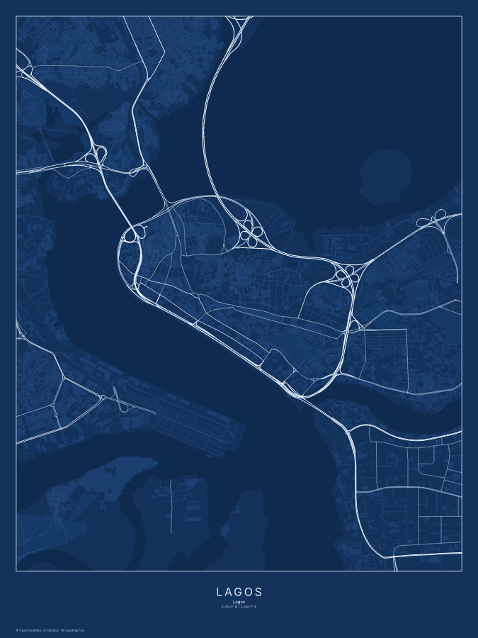 Lagos map poster, blueprint style