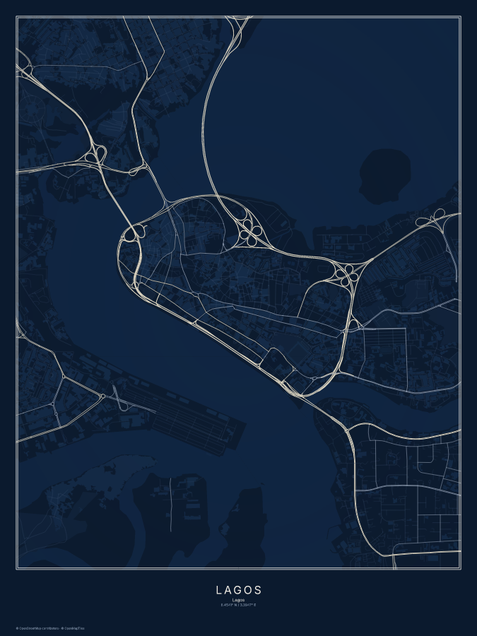Lagos map poster, midnight style