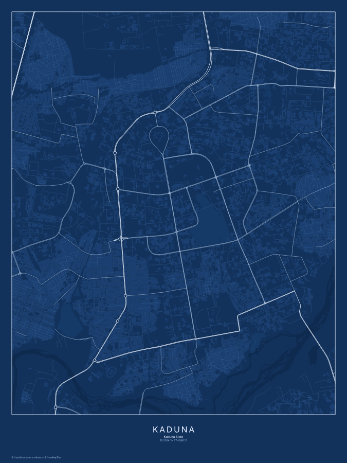 Kaduna map poster, blueprint style