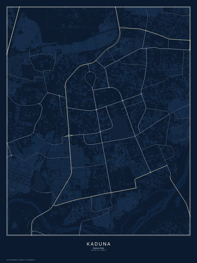 Kaduna map poster, midnight style