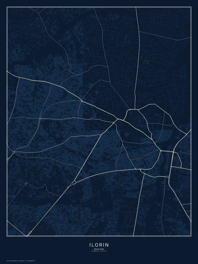 Ilorin map poster, midnight style