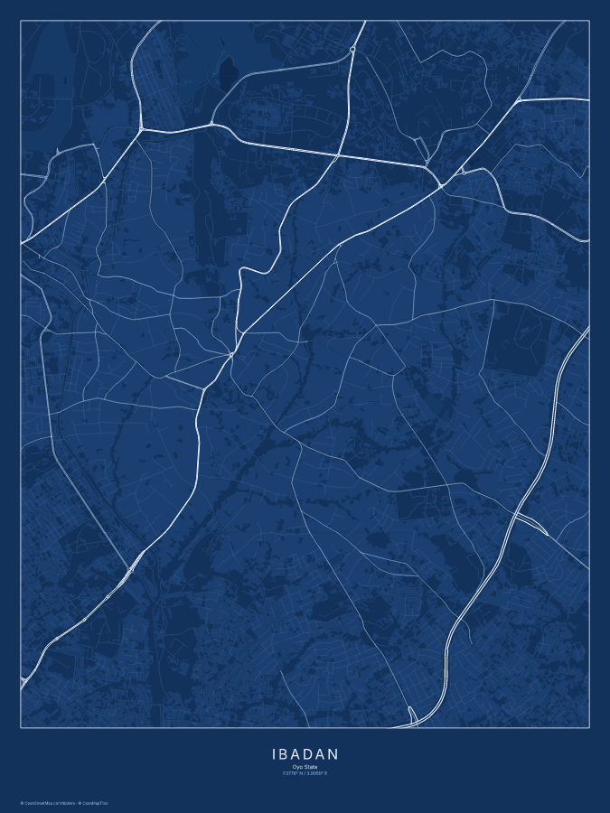 Ibadan map poster, blueprint style