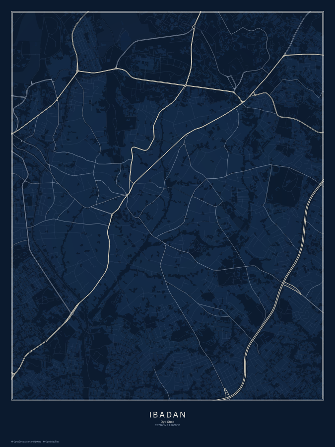 Ibadan map poster, midnight style
