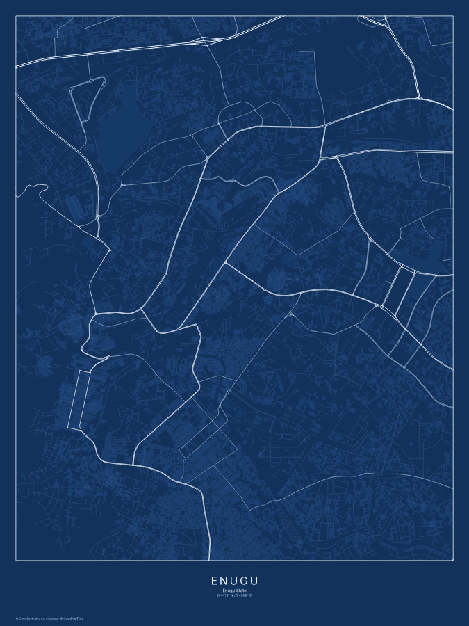 Enugu map poster, blueprint style