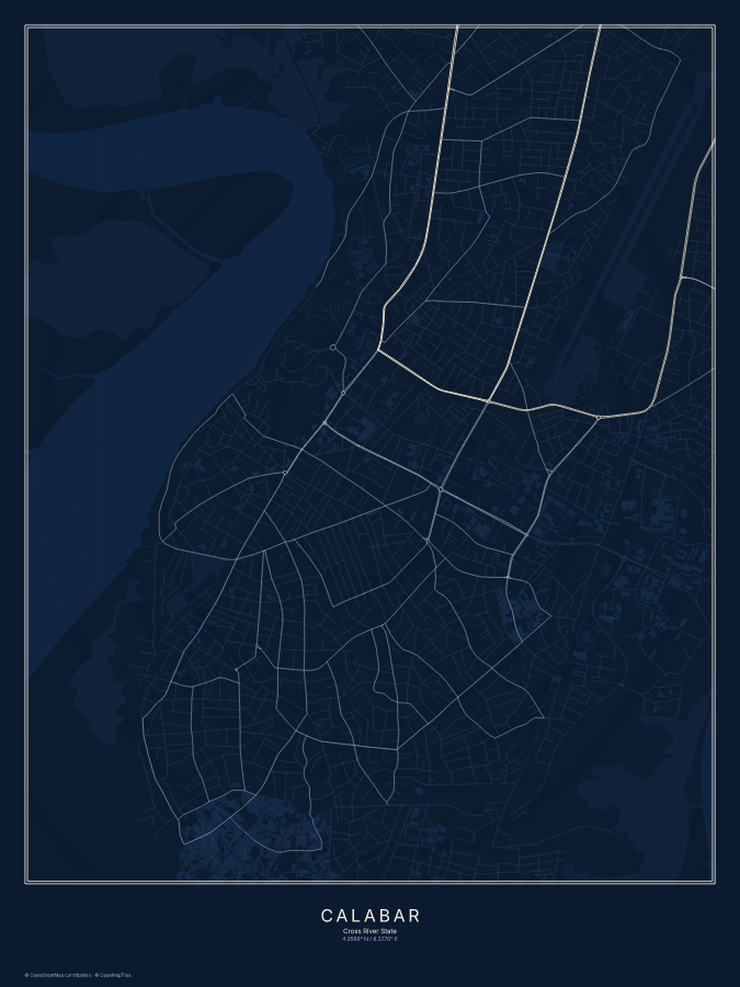 Calabar map poster, midnight style