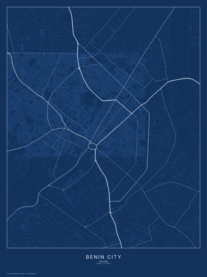 Benin City map poster, blueprint style