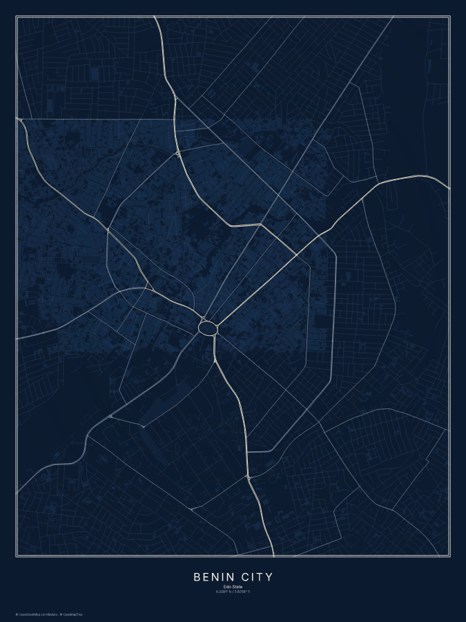 Benin City map poster, midnight style