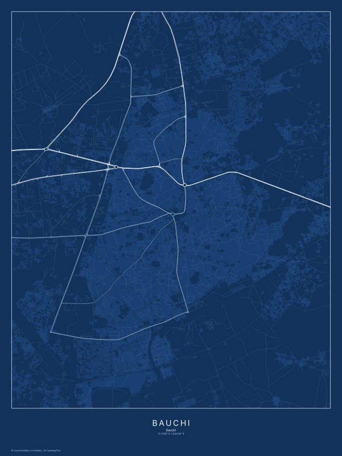 Bauchi map poster, blueprint style