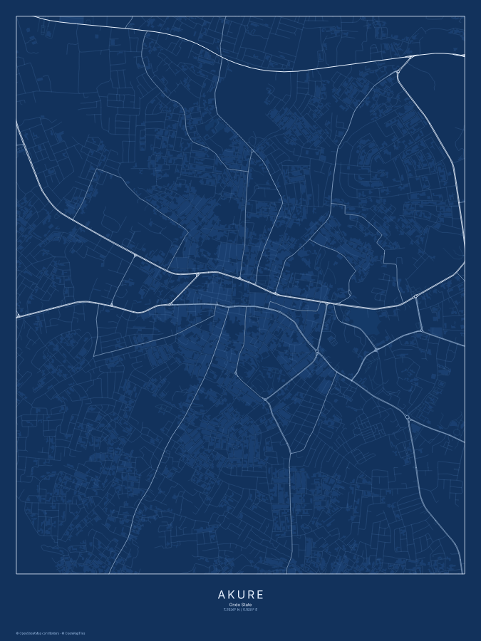 Akure map poster, blueprint style