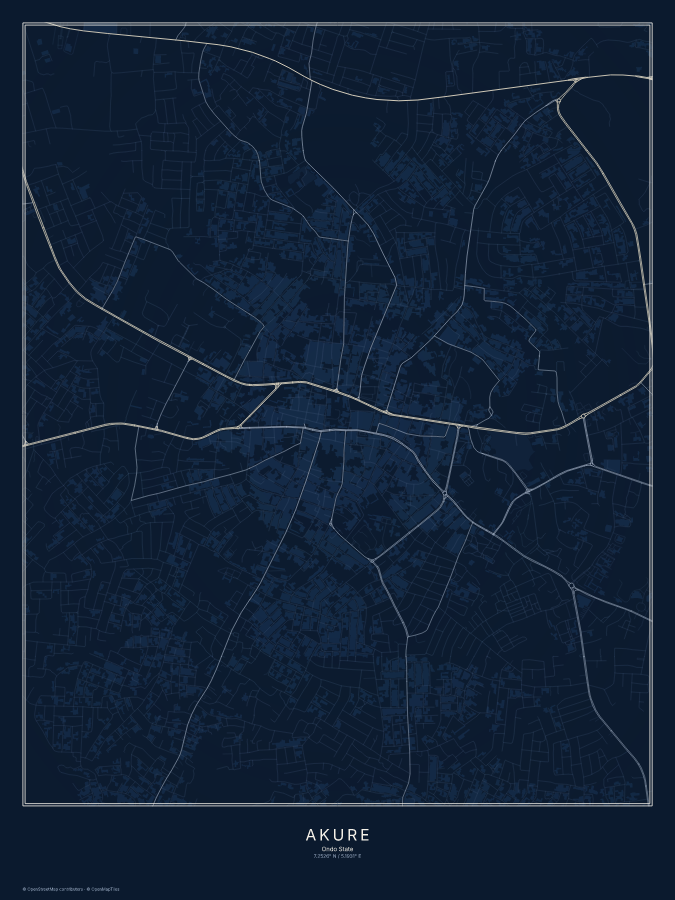Akure map poster, midnight style