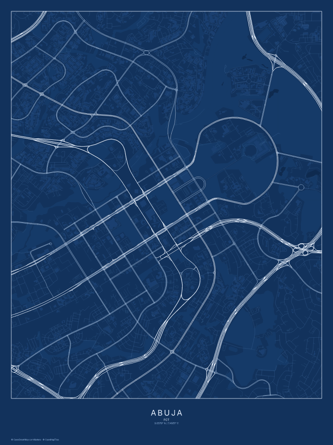 Abuja map poster, blueprint style
