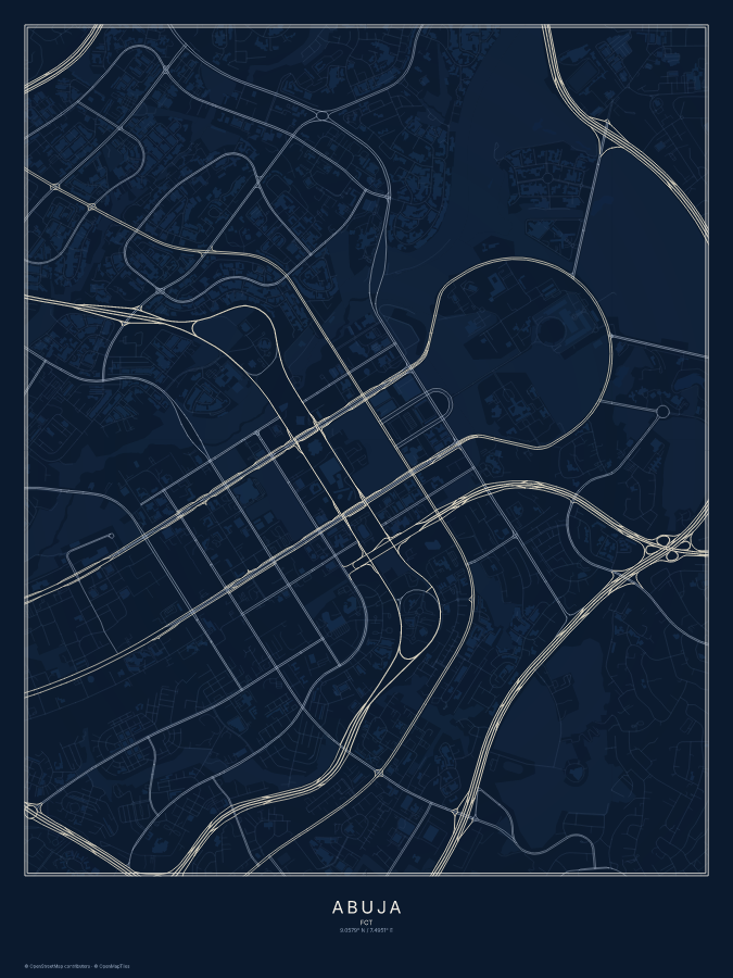 Abuja map poster, midnight style
