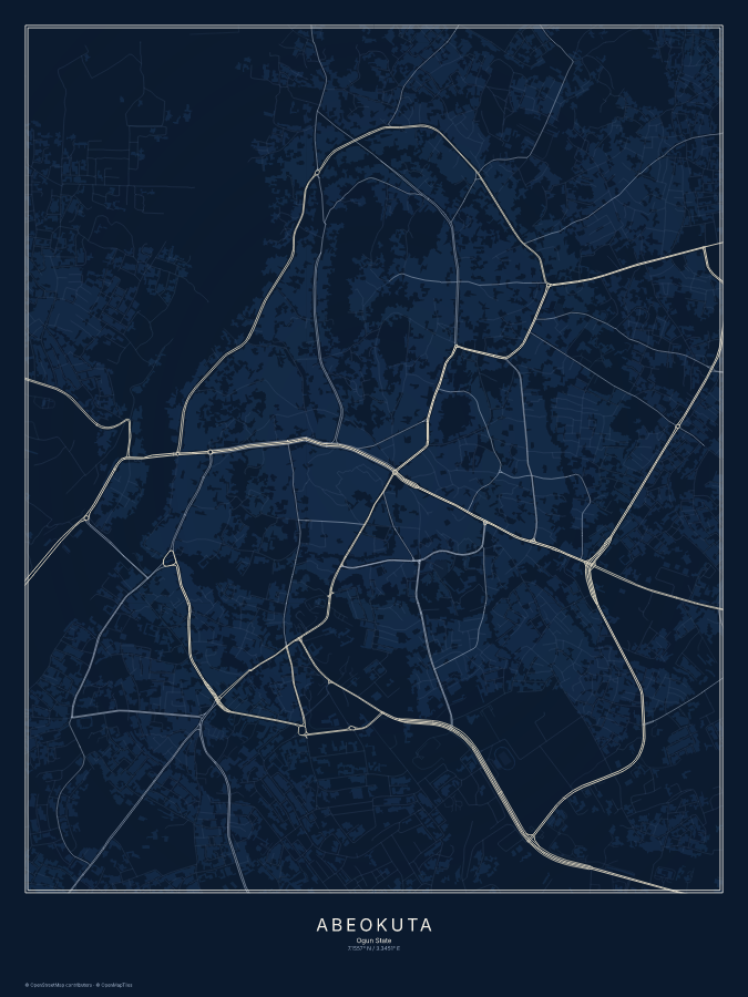 Abeokuta map poster, midnight style