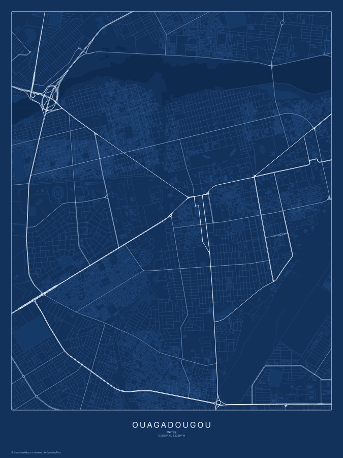 Ouagadougou map poster, blueprint style