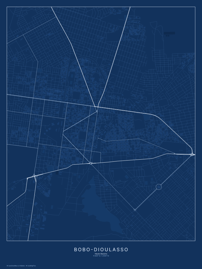Bobo-Dioulasso map poster, blueprint style