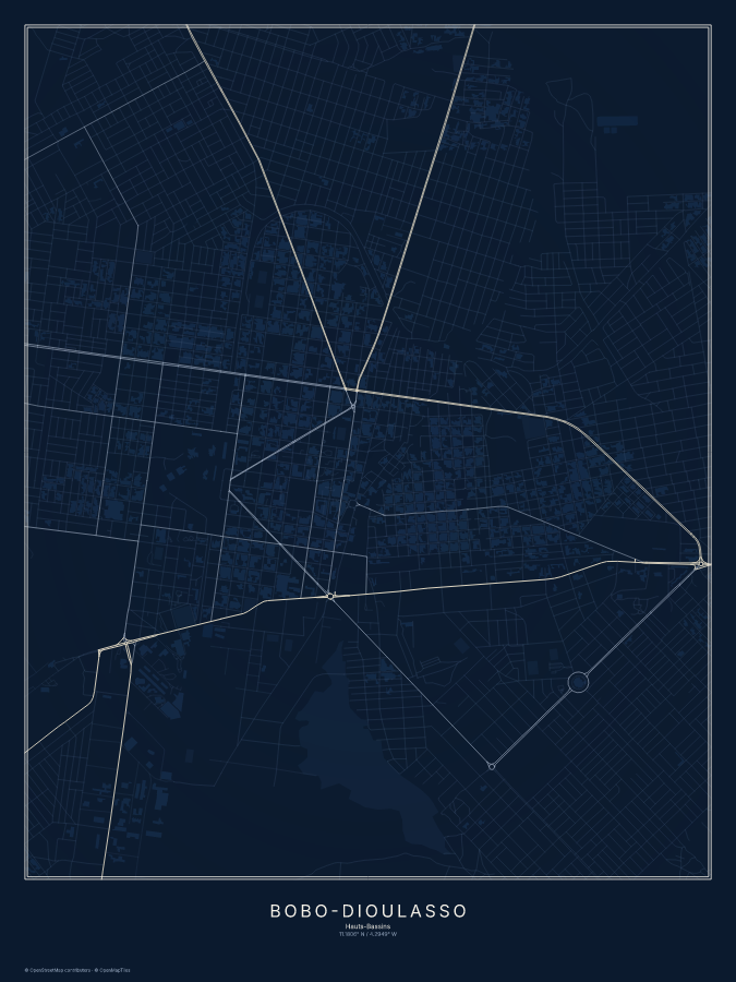 Bobo-Dioulasso map poster, midnight style
