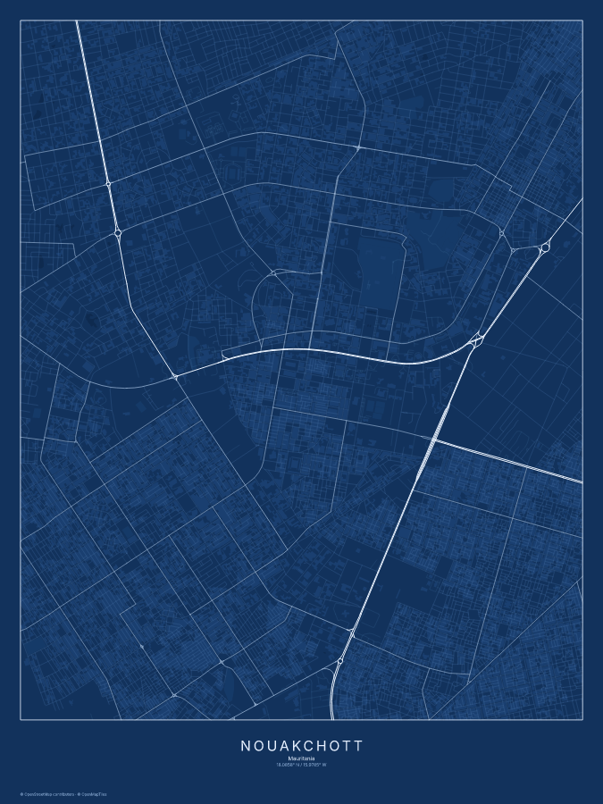 Nouakchott map poster, blueprint style