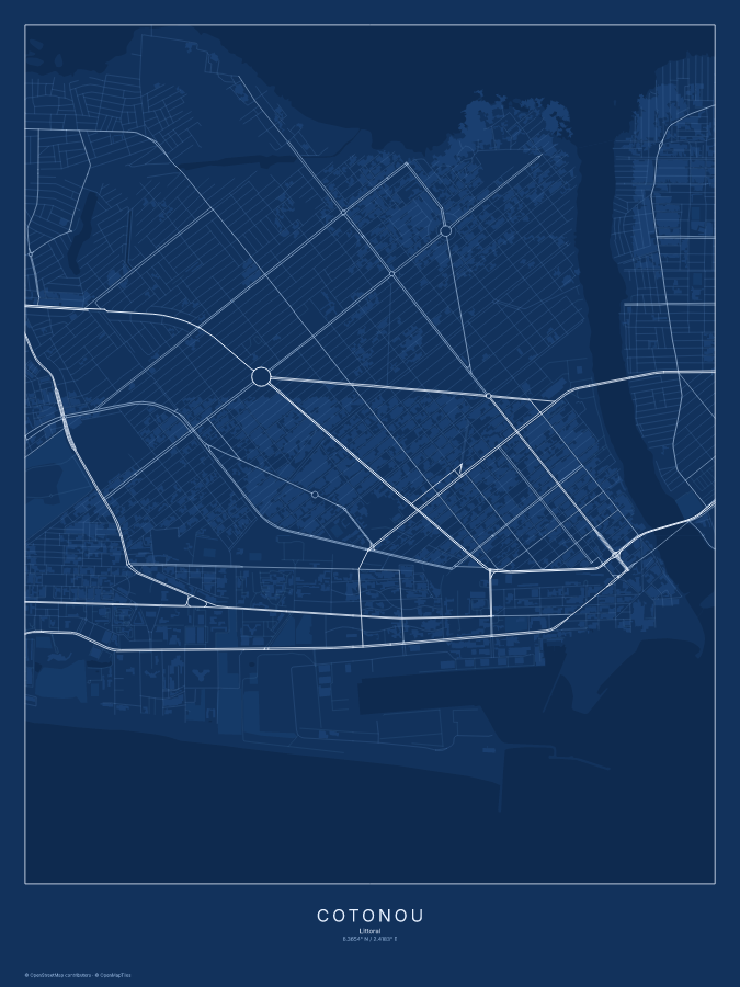 Cotonou map poster, blueprint style