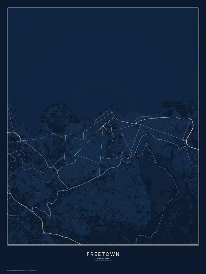 Freetown map poster, midnight style