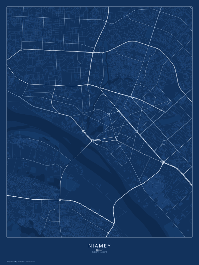 Niamey map poster, blueprint style