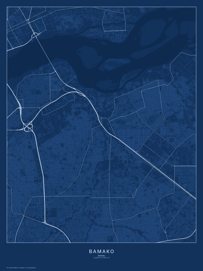 Bamako map poster, blueprint style