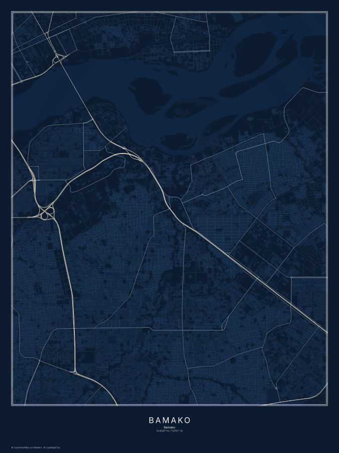 Bamako map poster, midnight style